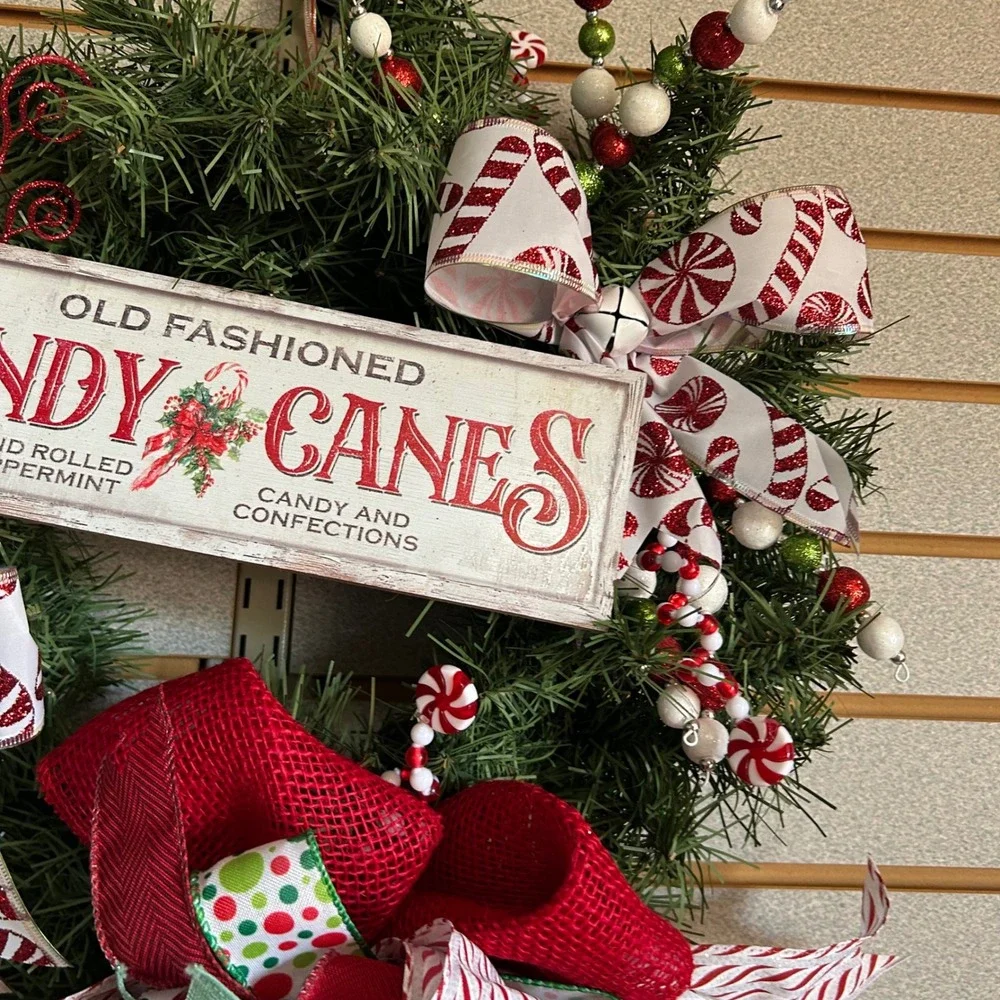 Candy Cane Christmas Wreath Holiday Decoration Winter Door Decor Sign 14 in base